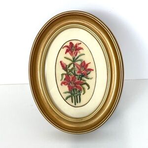 Vintage Floral NeedlepointTiger Lilies in Gold Tone Oval Frame